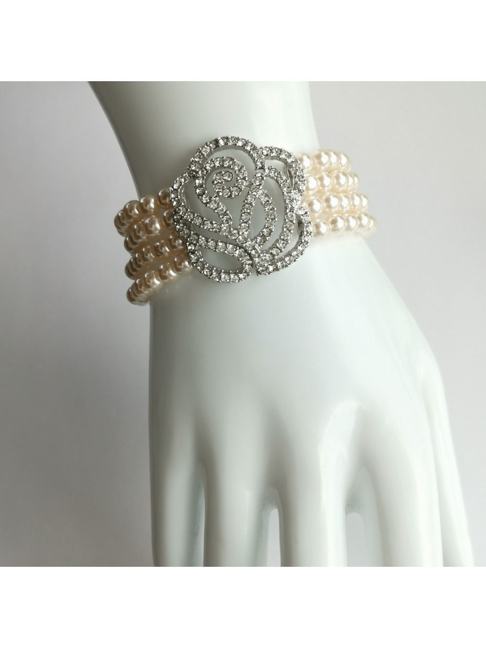 Crystal Rose Cream Pearl Cuff Bracelet 7 to 7.5 Inch